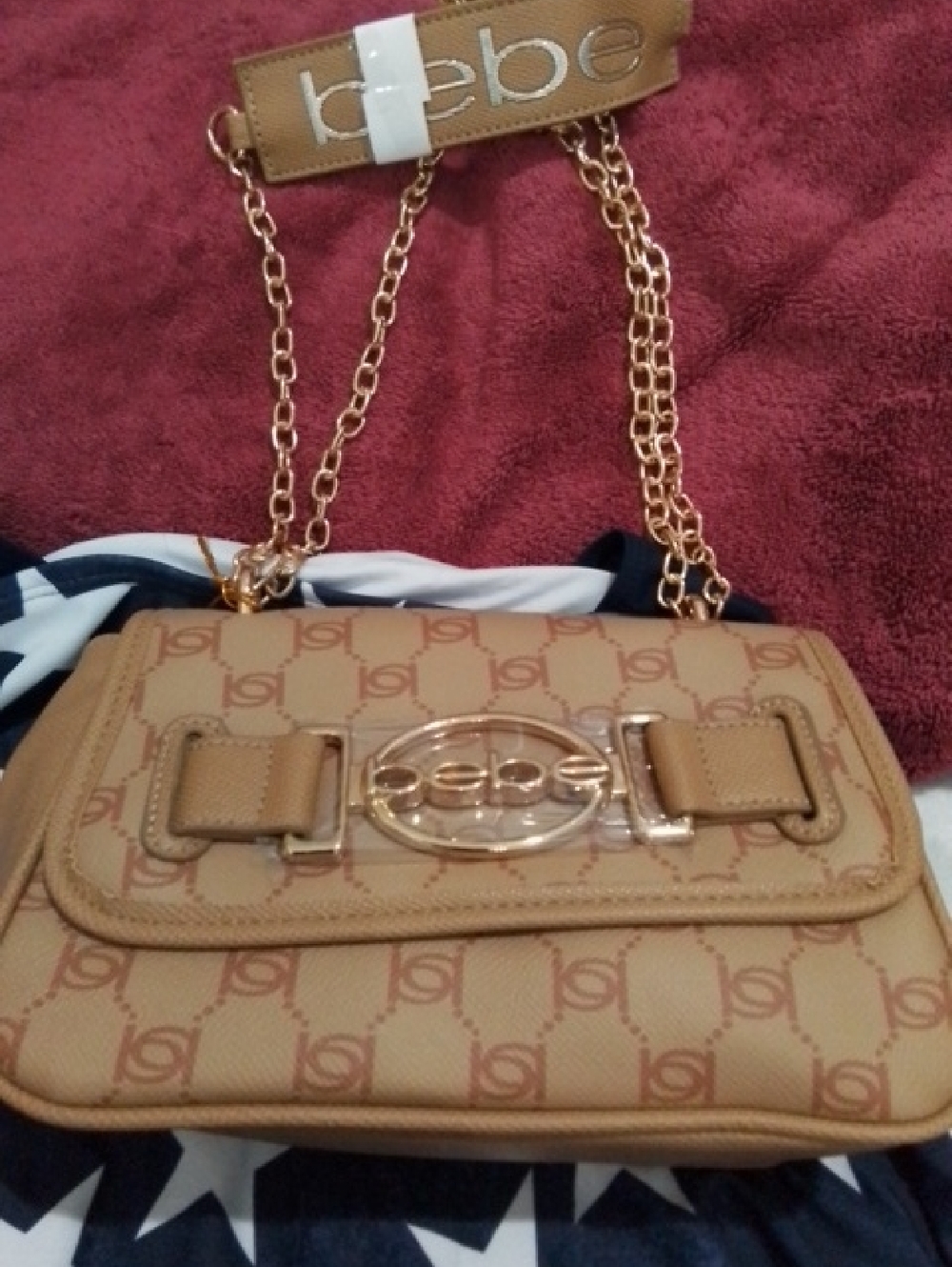 bebe Tan Logo-Print Chain Shoulder Bag with Gold Hardware